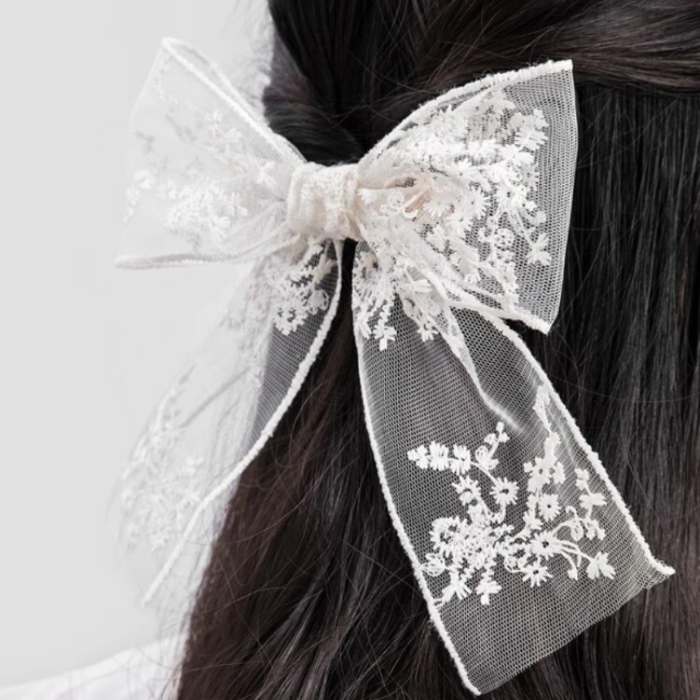 New white lace trim bow hair clip